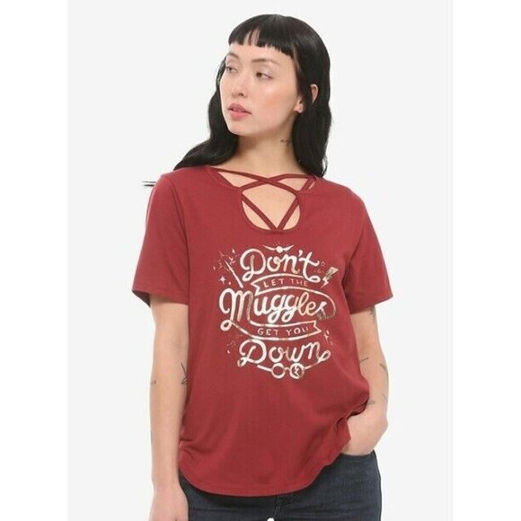 HARRY POTTER Womens MEDIUM Burgundy Don't Let The Muggles Get You Down T-SHIRT - Picture 1 of 2